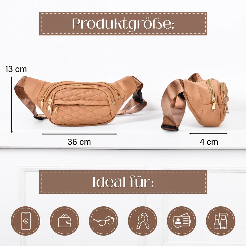 Gesteppte Nylon-Gürteltasche - RFID-Schutz, 4 Außenfächer, verstellbarer Schultergurt, 36?x?4?x13?cm, Grau