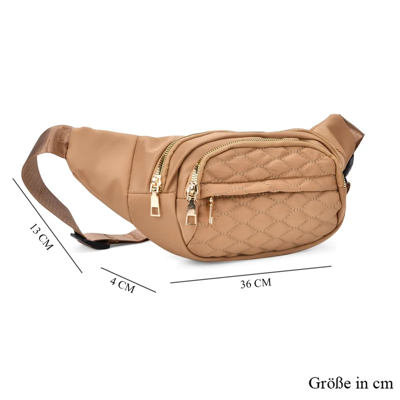 Gesteppte Nylon-Gürteltasche - RFID-Schutz, 4 Außenfächer, verstellbarer Schultergurt, 36?x?4?x13?cm, Grau