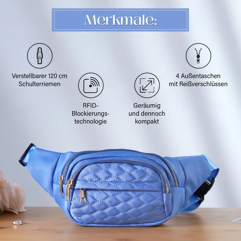 Gesteppte Nylon-Gürteltasche - RFID-Schutz, 4 Außenfächer, verstellbarer Schultergurt, 36?x?4?x13?cm, Grau