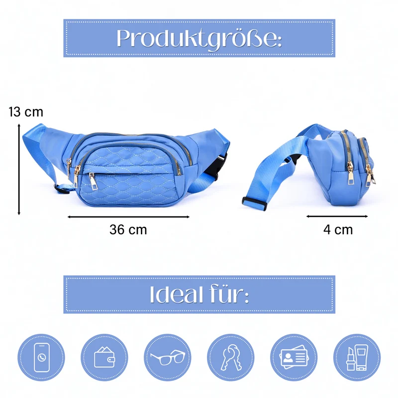Gesteppte Nylon-Gürteltasche - RFID-Schutz, 4 Außenfächer, verstellbarer Schultergurt, 36?x?4?x13?cm, Grau