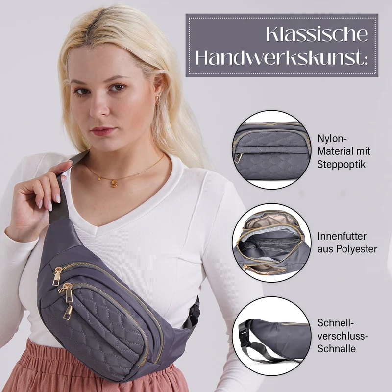 Gesteppte Nylon-Gürteltasche - RFID-Schutz, 4 Außenfächer, verstellbarer Schultergurt, 36?x?4?x13?cm, Grau