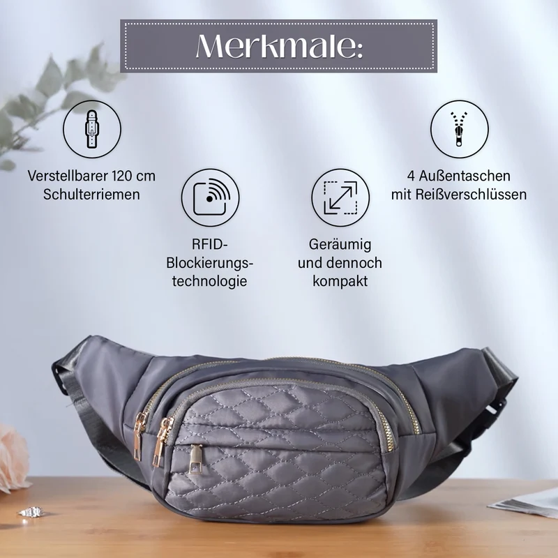Gesteppte Nylon-Gürteltasche - RFID-Schutz, 4 Außenfächer, verstellbarer Schultergurt, 36?x?4?x13?cm, Grau