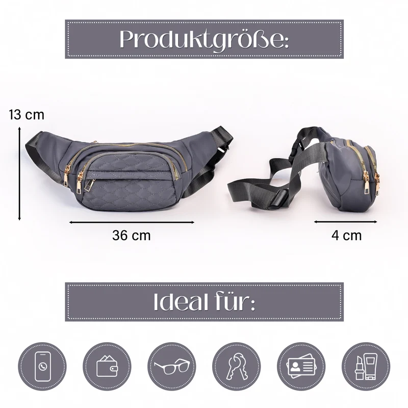 Gesteppte Nylon-Gürteltasche - RFID-Schutz, 4 Außenfächer, verstellbarer Schultergurt, 36?x?4?x13?cm, Grau