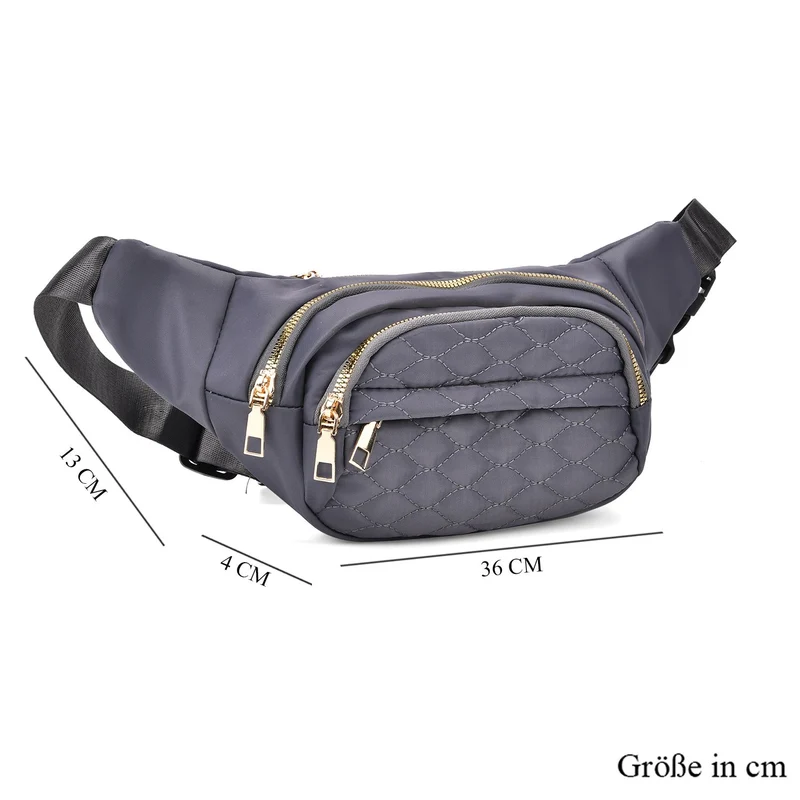 Gesteppte Nylon-Gürteltasche - RFID-Schutz, 4 Außenfächer, verstellbarer Schultergurt, 36?x?4?x13?cm, Grau