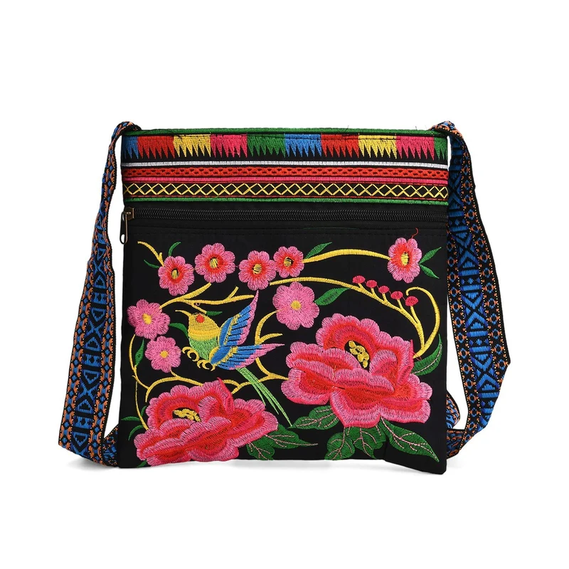 Bestickte Umhängetasche mit floralen Mustern, Boho-Stil, verstellbarer Trageriemen, 23x24cm, Lila Blüten