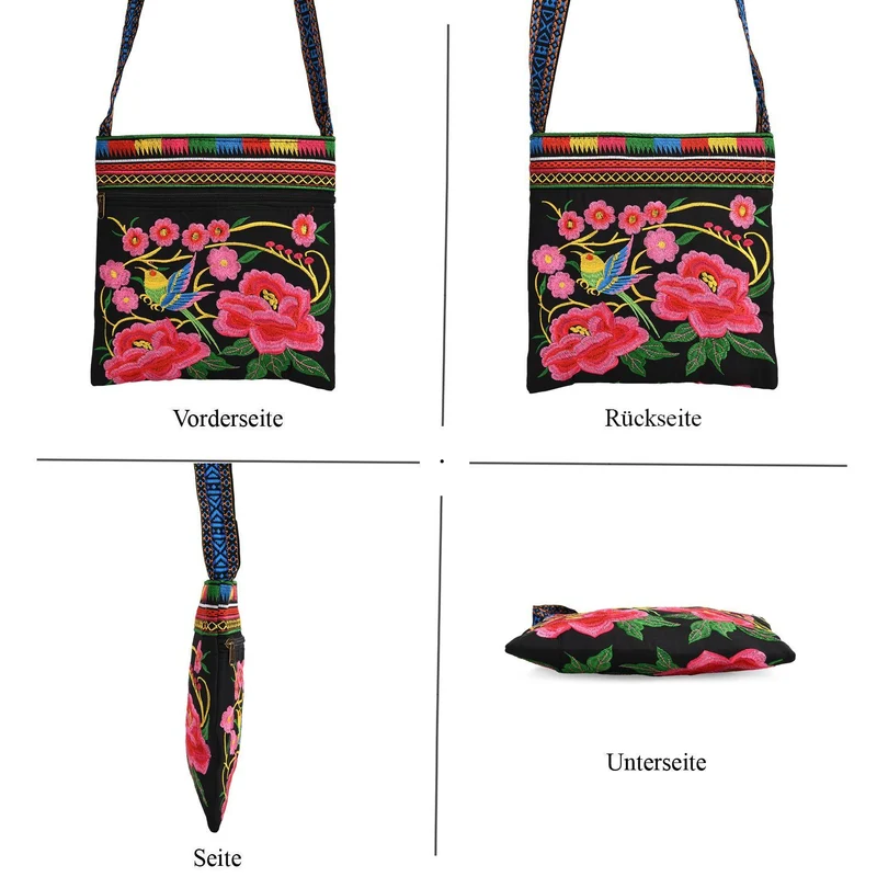 Bestickte Umhängetasche mit floralen Mustern, Boho-Stil, verstellbarer Trageriemen, 23x24cm, Lila Blüten