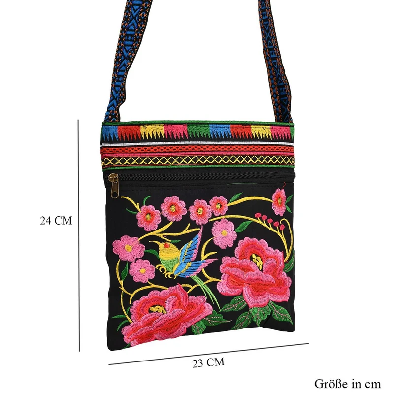 Bestickte Umhängetasche mit floralen Mustern, Boho-Stil, verstellbarer Trageriemen, 23x24cm, Lila Blüten