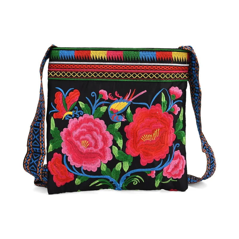 Bestickte Umhängetasche mit floralen Mustern, Boho-Stil, verstellbarer Trageriemen, 23x24cm, Lila Blüten