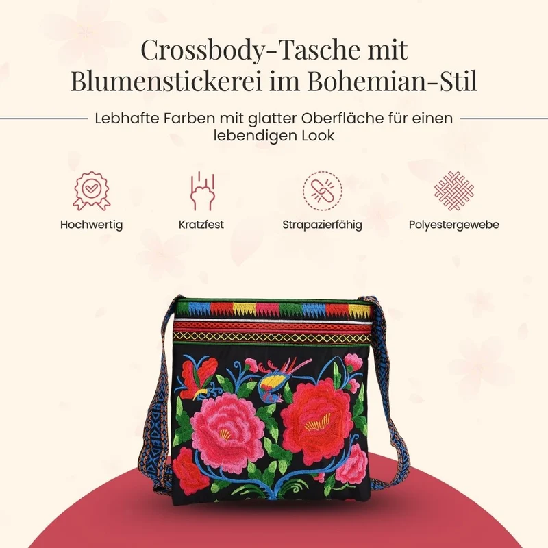 Bestickte Umhängetasche mit floralen Mustern, Boho-Stil, verstellbarer Trageriemen, 23x24cm, Lila Blüten