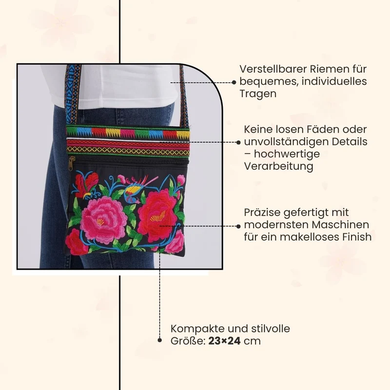 Bestickte Umhängetasche mit floralen Mustern, Boho-Stil, verstellbarer Trageriemen, 23x24cm, Lila Blüten