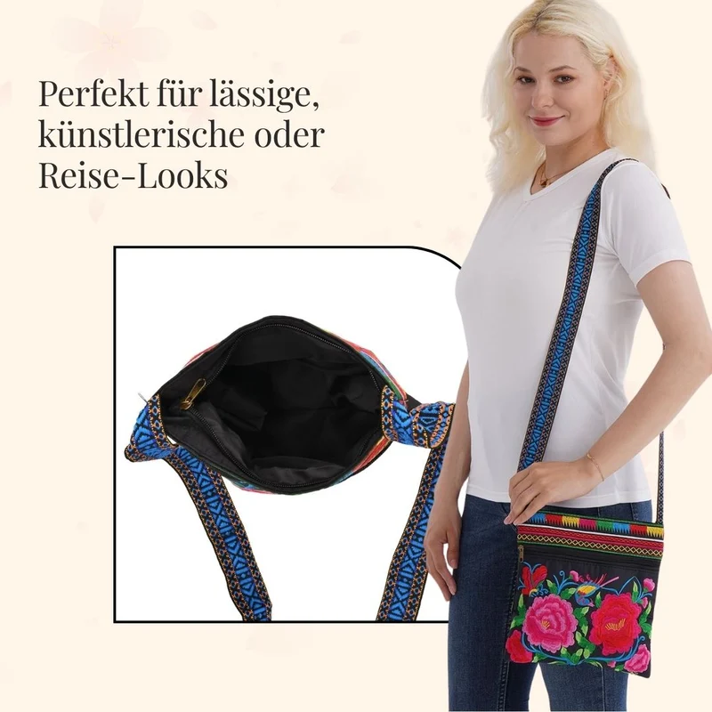 Bestickte Umhängetasche mit floralen Mustern, Boho-Stil, verstellbarer Trageriemen, 23x24cm, Lila Blüten