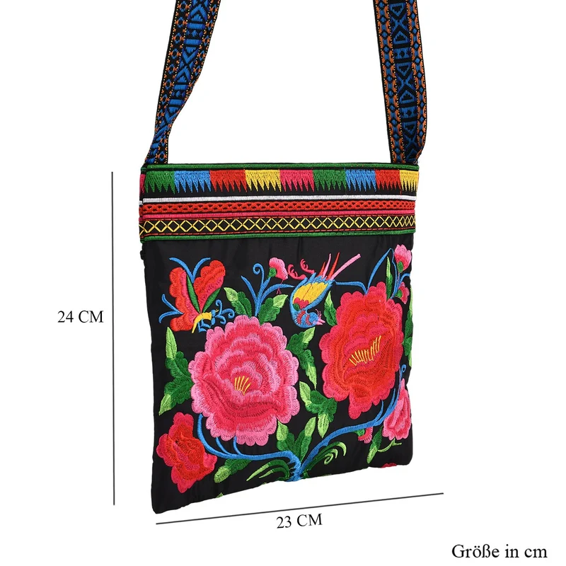 Bestickte Umhängetasche mit floralen Mustern, Boho-Stil, verstellbarer Trageriemen, 23x24cm, Lila Blüten