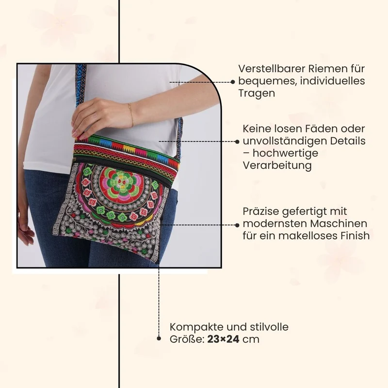 Bestickte Umhängetasche mit floralen Mustern, Boho-Stil, verstellbarer Trageriemen, 23x24cm, Lila Blüten