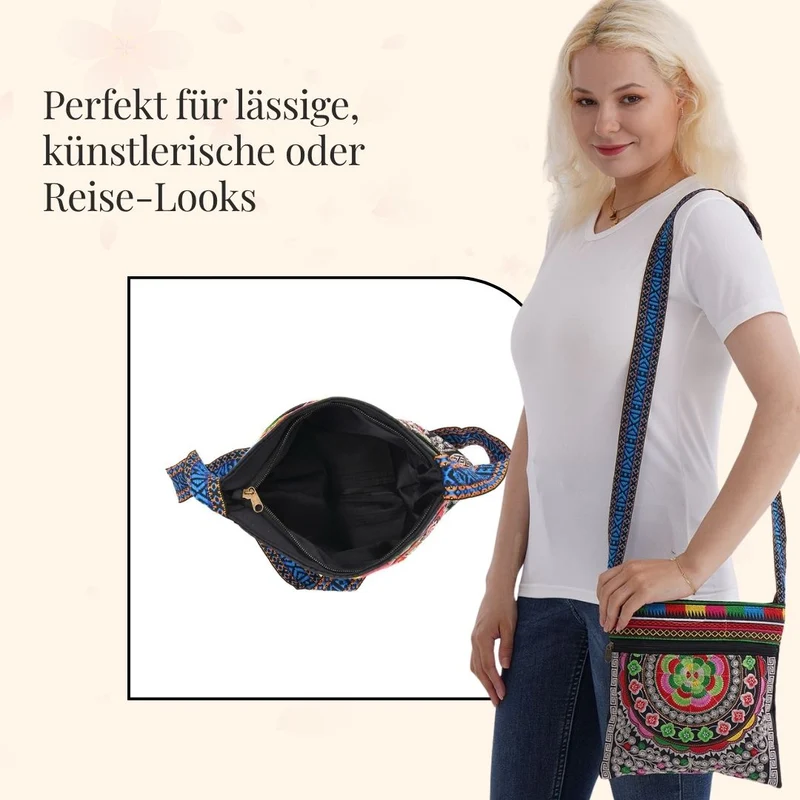 Bestickte Umhängetasche mit floralen Mustern, Boho-Stil, verstellbarer Trageriemen, 23x24cm, Lila Blüten