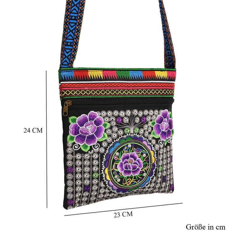 Bestickte Umhängetasche mit floralen Mustern, Boho-Stil, verstellbarer Trageriemen, 23x24cm, Lila Blüten