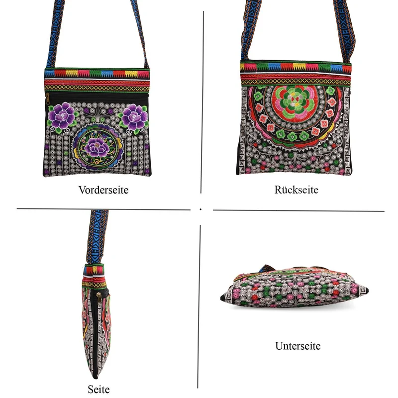 Bestickte Umhängetasche mit floralen Mustern, Boho-Stil, verstellbarer Trageriemen, 23x24cm, Lila Blüten