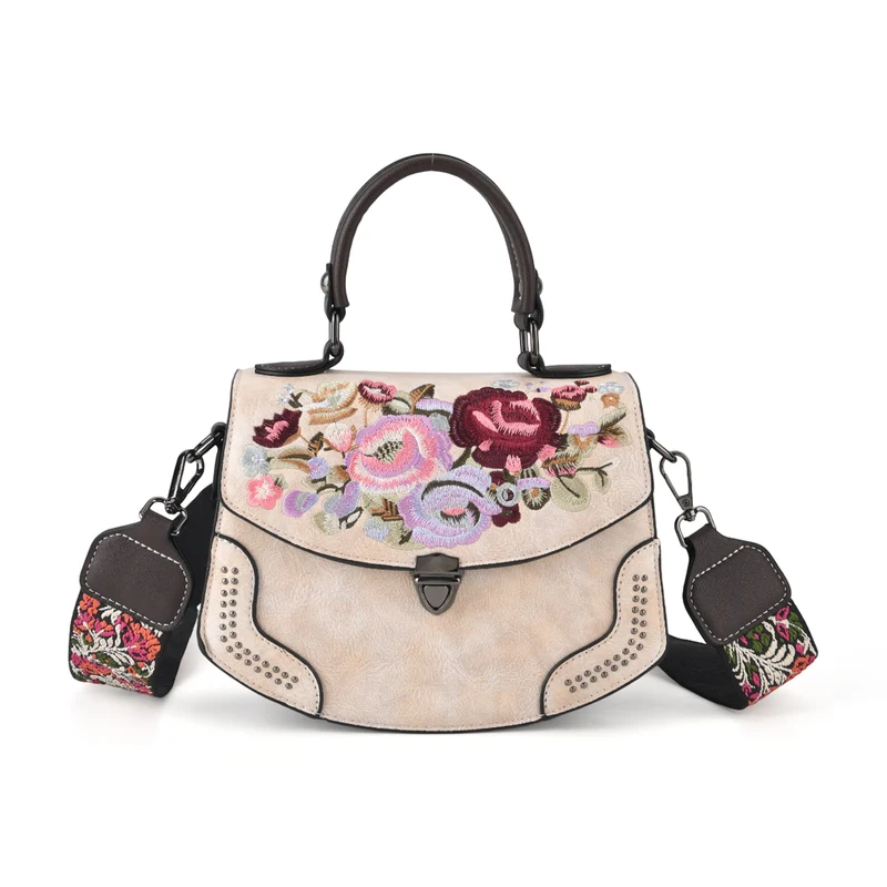 Kompakte Crossbody-Tasche mit floraler Stickerei, 23 x 9 x 17 cm, Lila