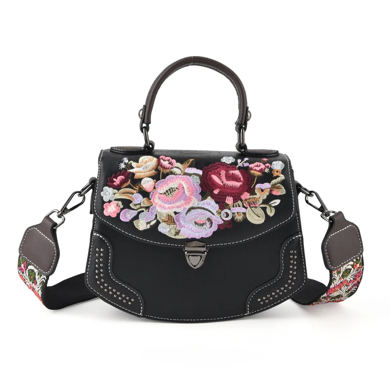 Kompakte Crossbody-Tasche mit floraler Stickerei, 23 x 9 x 17 cm, Lila