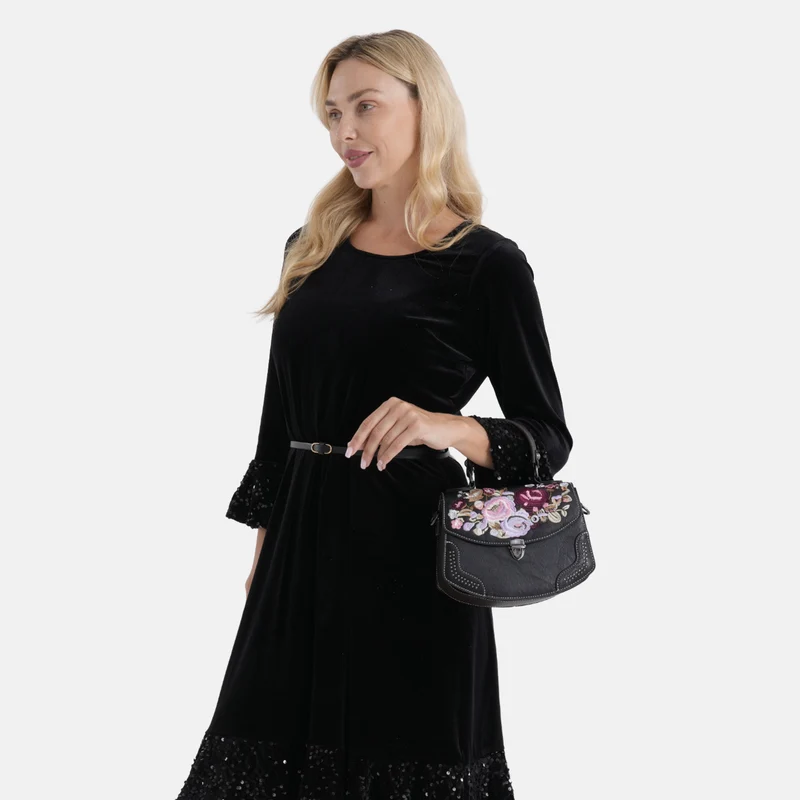 Kompakte Crossbody-Tasche mit floraler Stickerei, 23 x 9 x 17 cm, Lila