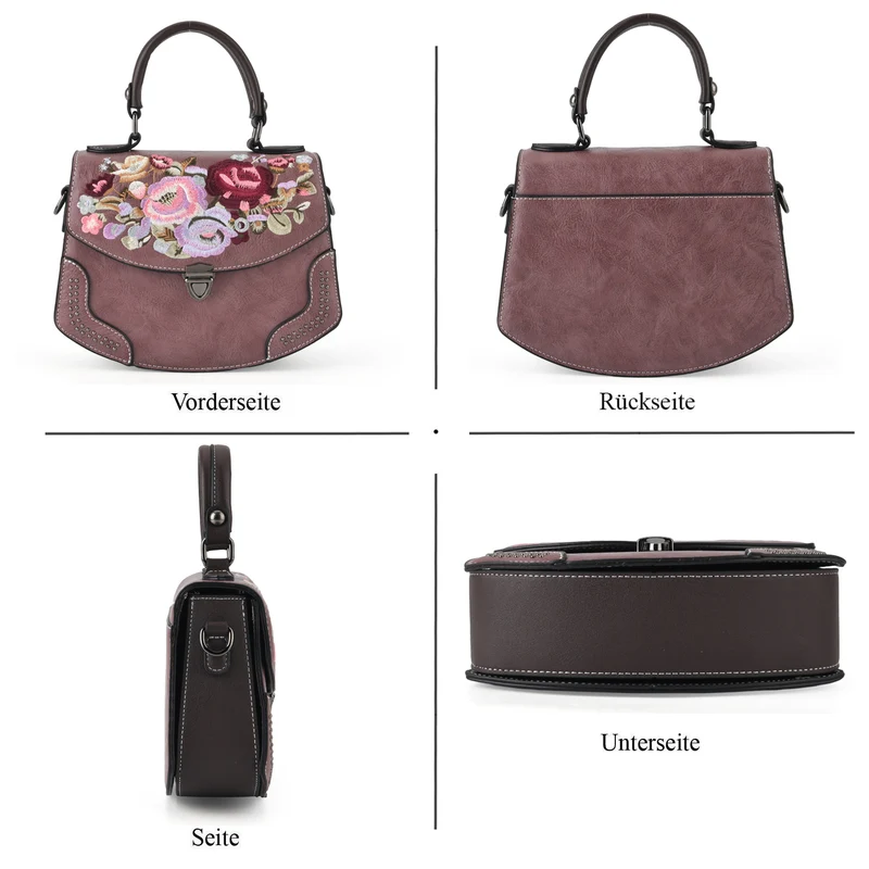 Kompakte Crossbody-Tasche mit floraler Stickerei, 23 x 9 x 17 cm, Lila