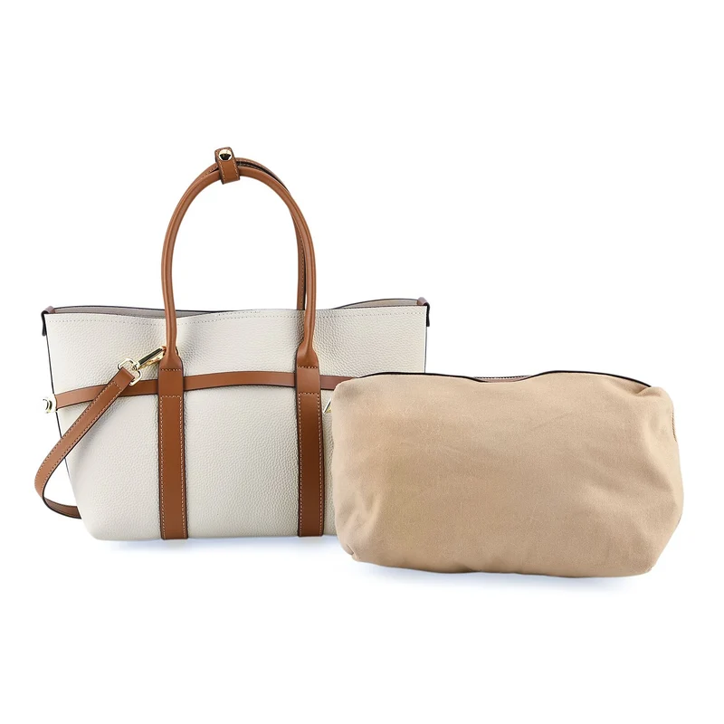 Leder Shopper Set 2 teilig mit Magnetfach und Reißverschlussfach 35 x 11 x 20 cm Weiß Braun