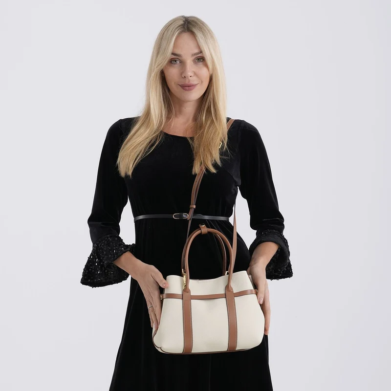Leder Shopper Set 2 teilig mit Magnetfach und Reißverschlussfach 35 x 11 x 20 cm Weiß Braun