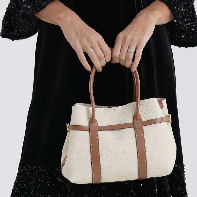 Leder Shopper Set 2 teilig mit Magnetfach und Reißverschlussfach 35 x 11 x 20 cm Weiß Braun