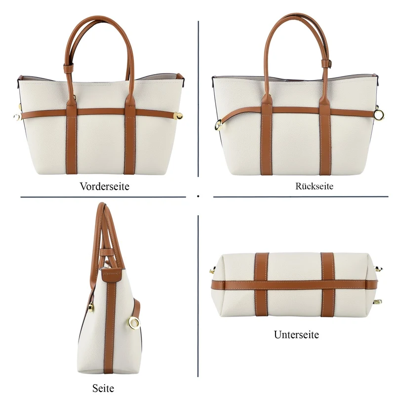 Leder Shopper Set 2 teilig mit Magnetfach und Reißverschlussfach 35 x 11 x 20 cm Weiß Braun