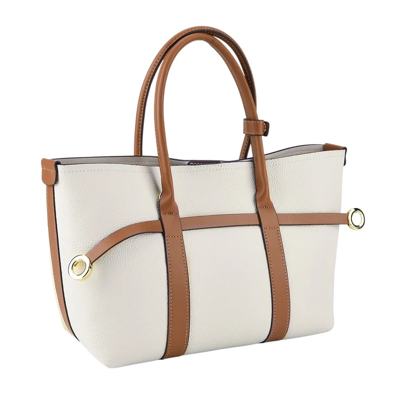 Leder Shopper Set 2 teilig mit Magnetfach und Reißverschlussfach 35 x 11 x 20 cm Weiß Braun