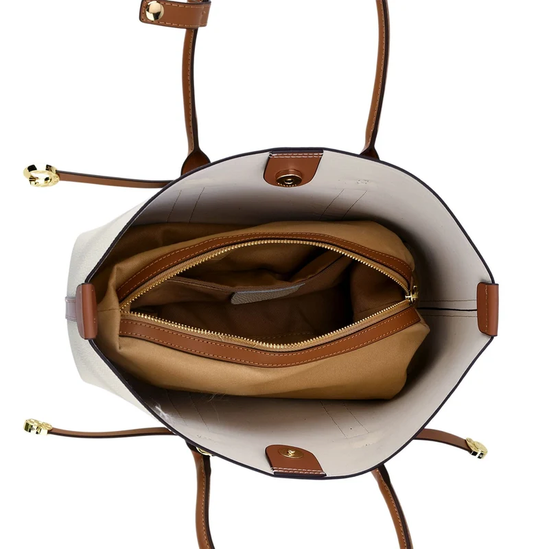 Leder Shopper Set 2 teilig mit Magnetfach und Reißverschlussfach 35 x 11 x 20 cm Weiß Braun