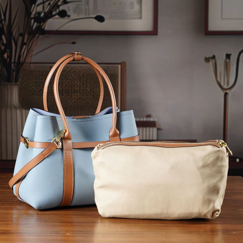 Leder Shopper Set 2 teilig mit Magnetfach und Reißverschlussfach 35 x 11 x 20 cm Weiß Braun