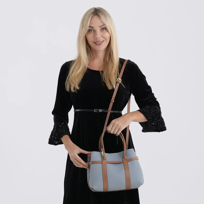 Leder Shopper Set 2 teilig mit Magnetfach und Reißverschlussfach 35 x 11 x 20 cm Weiß Braun