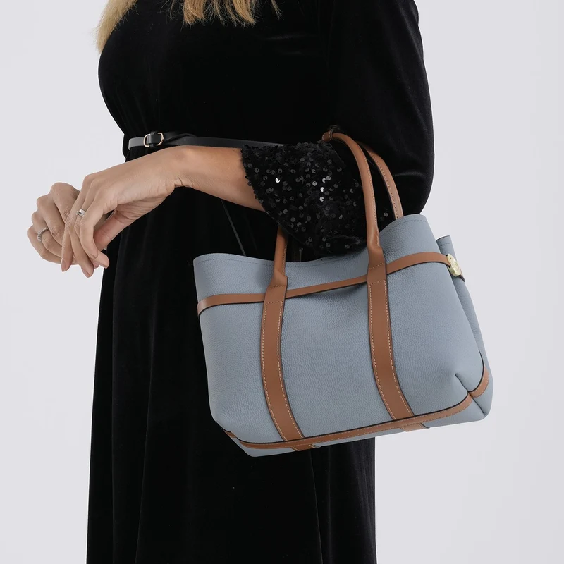 Leder Shopper Set 2 teilig mit Magnetfach und Reißverschlussfach 35 x 11 x 20 cm Weiß Braun