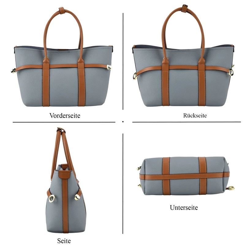 Leder Shopper Set 2 teilig mit Magnetfach und Reißverschlussfach 35 x 11 x 20 cm Weiß Braun