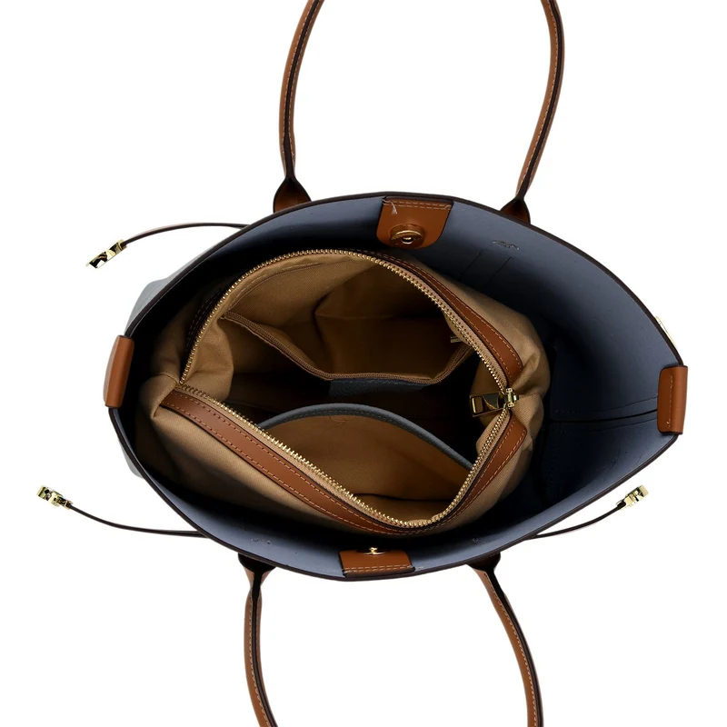 Leder Shopper Set 2 teilig mit Magnetfach und Reißverschlussfach 35 x 11 x 20 cm Weiß Braun