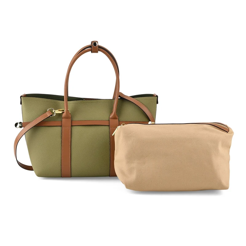 Leder Shopper Set 2 teilig mit Magnetfach und Reißverschlussfach 35 x 11 x 20 cm Weiß Braun