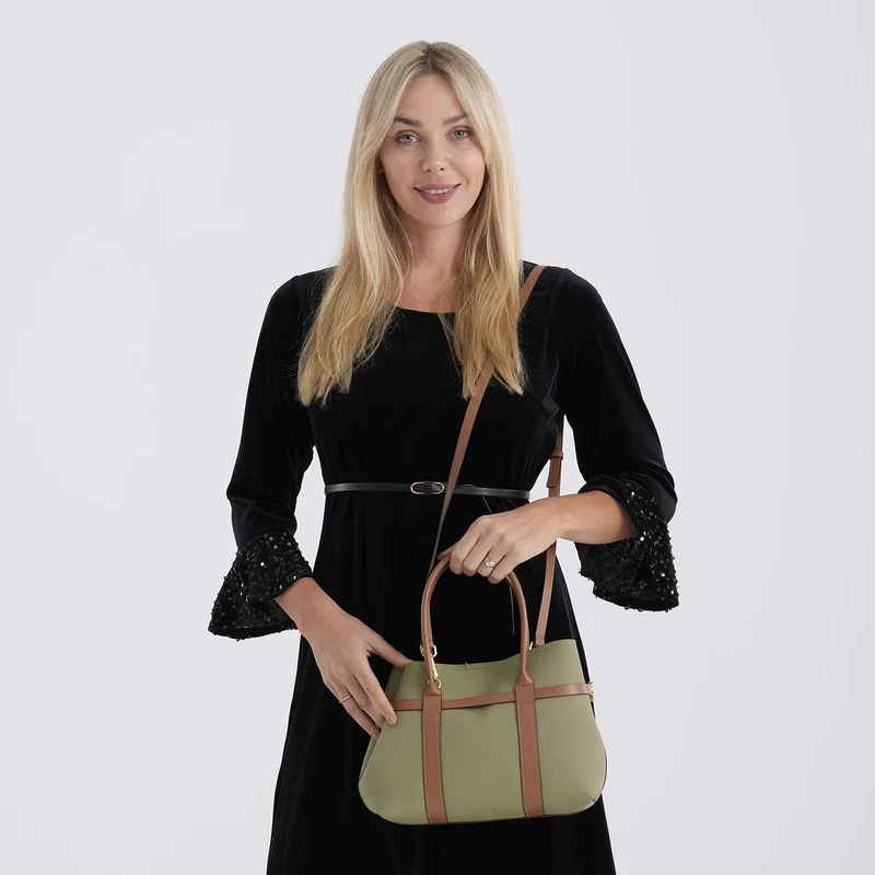 Leder Shopper Set 2 teilig mit Magnetfach und Reißverschlussfach 35 x 11 x 20 cm Weiß Braun