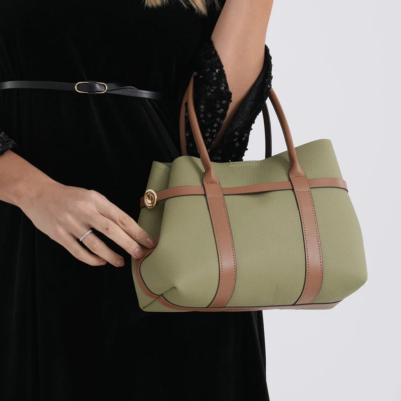 Leder Shopper Set 2 teilig mit Magnetfach und Reißverschlussfach 35 x 11 x 20 cm Weiß Braun