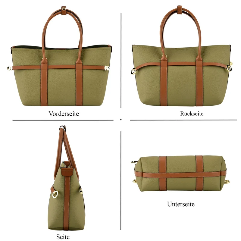 Leder Shopper Set 2 teilig mit Magnetfach und Reißverschlussfach 35 x 11 x 20 cm Weiß Braun