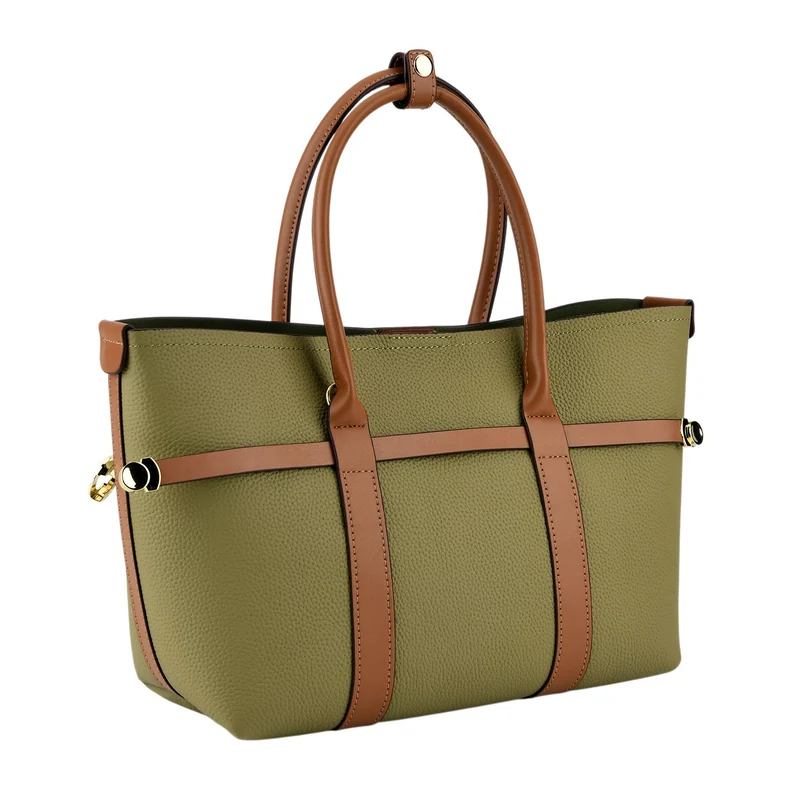 Leder Shopper Set 2 teilig mit Magnetfach und Reißverschlussfach 35 x 11 x 20 cm Weiß Braun