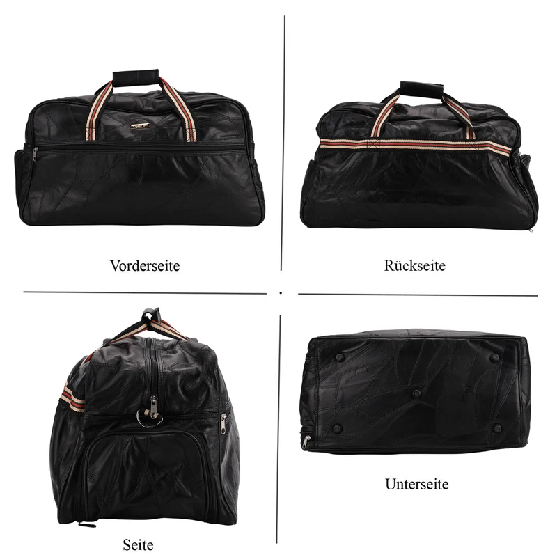 Patchwork-Reisetasche aus weichem Schafleder, mit Tragegriffen und abnehmbarem Schulterriemen, 46x25x27 cm, Schwarz