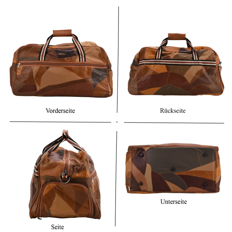Patchwork-Reisetasche aus weichem Schafleder, mit Tragegriffen und abnehmbarem Schulterriemen, 46x25x27 cm, Schwarz