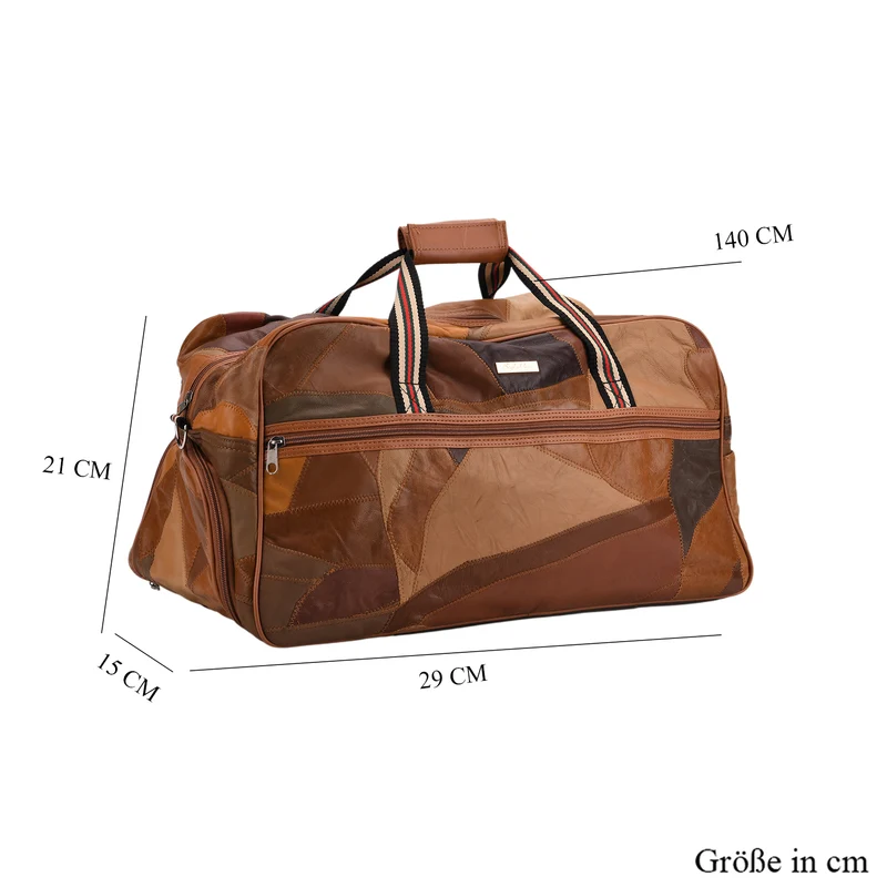 Patchwork-Reisetasche aus weichem Schafleder, mit Tragegriffen und abnehmbarem Schulterriemen, 46x25x27 cm, Schwarz