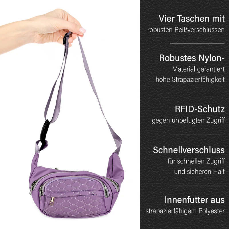 Multifunktionale RFID-geschützte Nylon Gürteltasche mit Schnellverschluss, 36x4x13cm, Rosa
