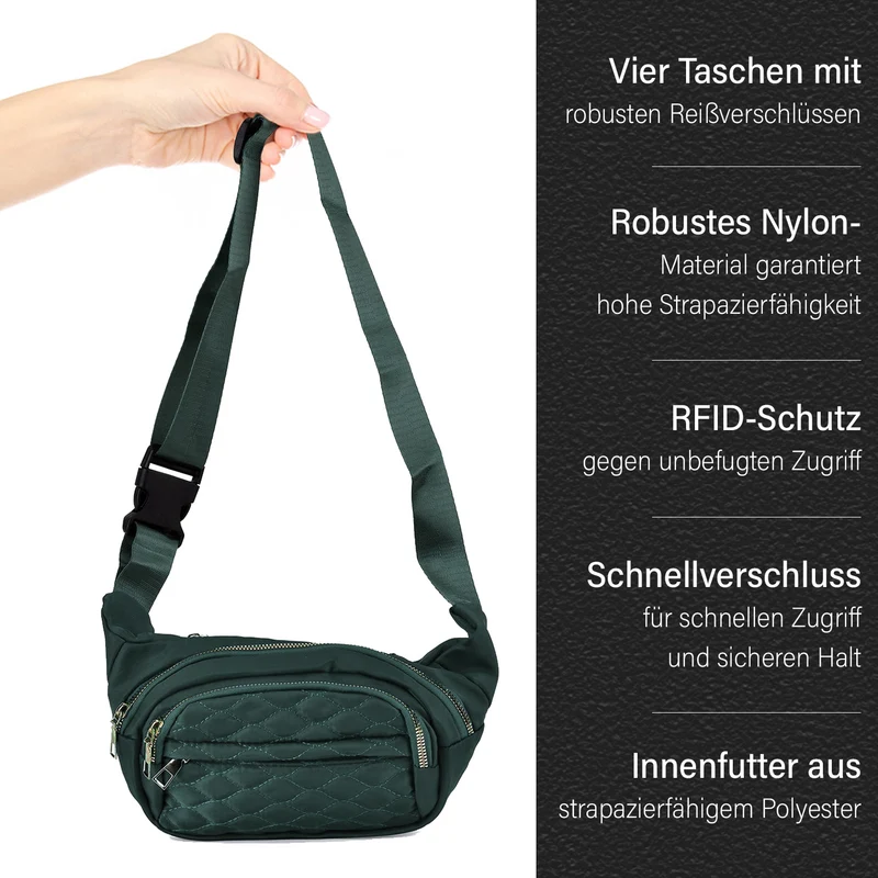 Multifunktionale RFID-geschützte Nylon Gürteltasche mit Schnellverschluss, 36x4x13cm, Rosa