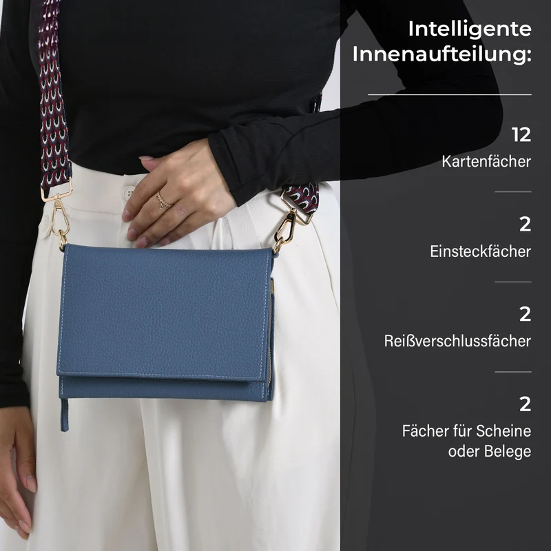 Crossbody-Tasche mit Überschlag und modischem Gliederriemen, Leder, RFID-Schutz, ca. 20x4x14 cm , Blau