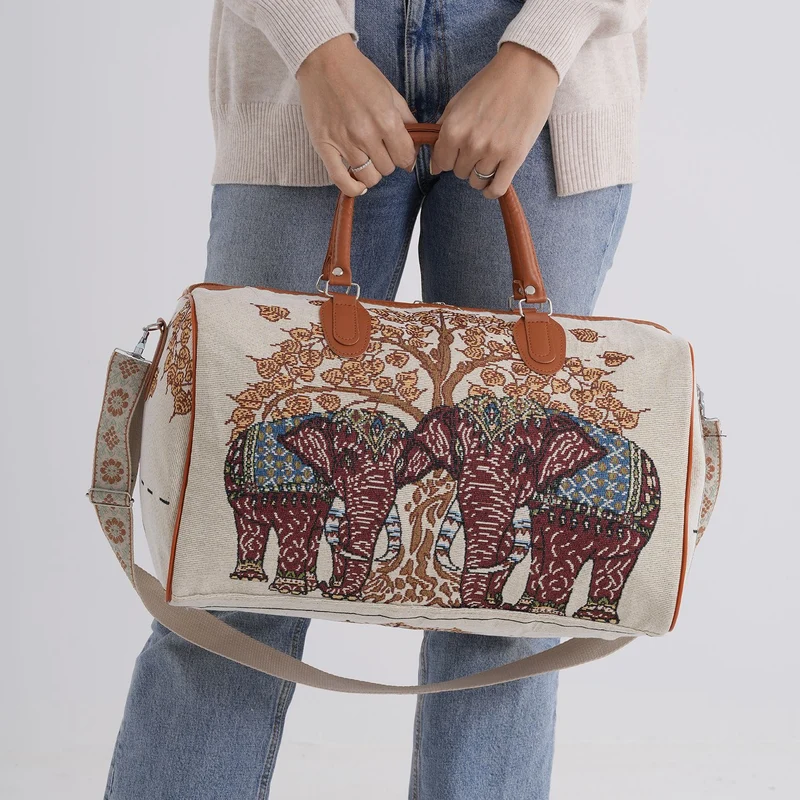 Elefantenmuster Reisetasche, geräumiges Design mit Reißverschlussfach, verstellbarer Schultergurt 120 cm, 45 x 23 x 27 cm