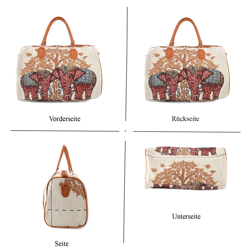 Elefantenmuster Reisetasche, geräumiges Design mit Reißverschlussfach, verstellbarer Schultergurt 120 cm, 45 x 23 x 27 cm
