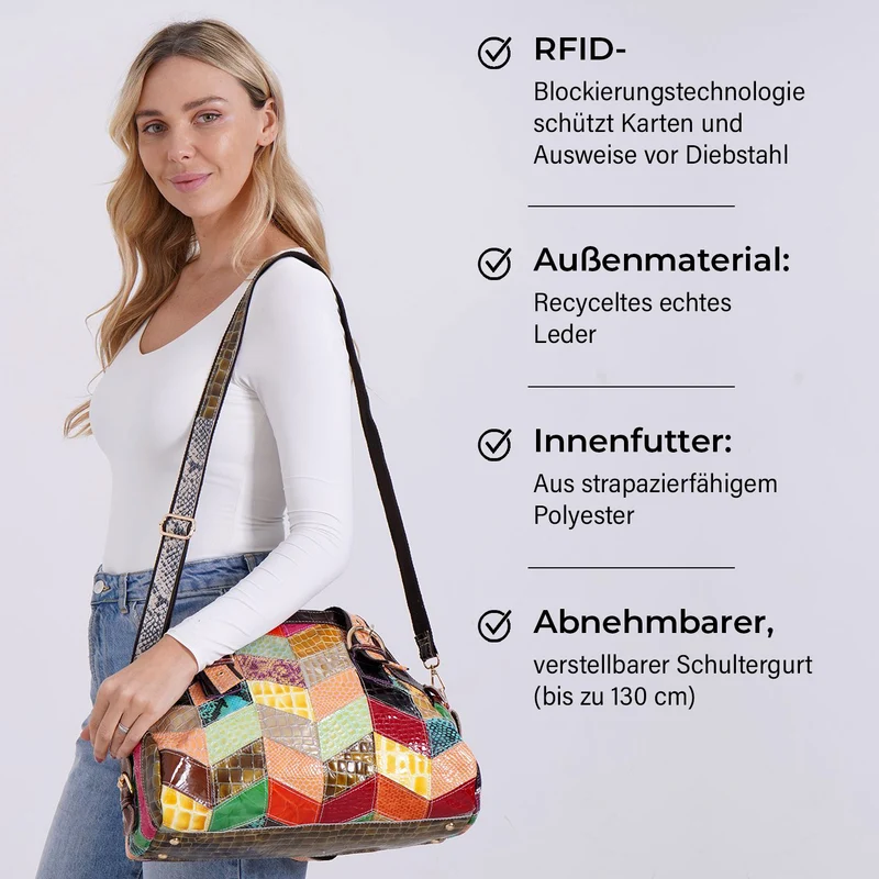 Chaos by Elsie - Umhängetasche aus Echtleder mit Mini-Taschenlampe, 3D-Würfelmuster, RFID-Schutz, ca. 38x17x32 cm