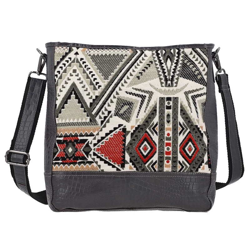 Croco Embossed Genuine Leather and Jacquard Crossbody Bag with Laptop Sleeves SIZE: 35.56(L)x11.45(W)x34.30(W) CM COLOR: Dark Gray